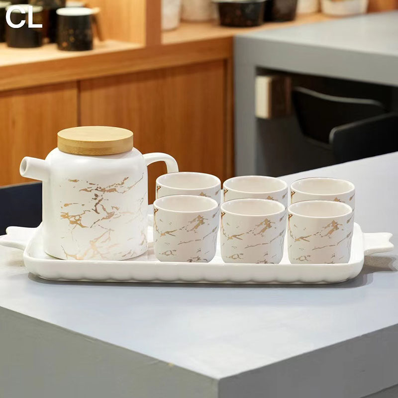 6 Piece Marble Afterroon Tea Cup Set And Teapot With Infuser