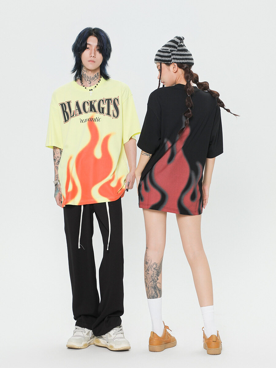 Street Wear Pullover Loose Flame Print Unisex T-shirt