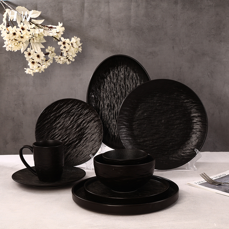 Bulk Matte Black Rock Pattern Stoneware Plates And Bowls Set