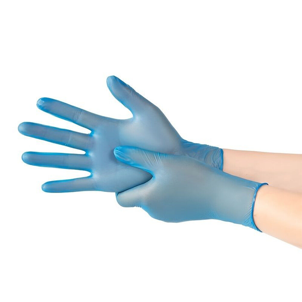 Blue vinyl gloves