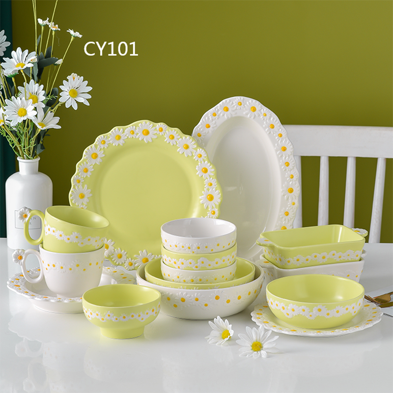 Green And White Dinner Set Embossed Daisy Flower Plates