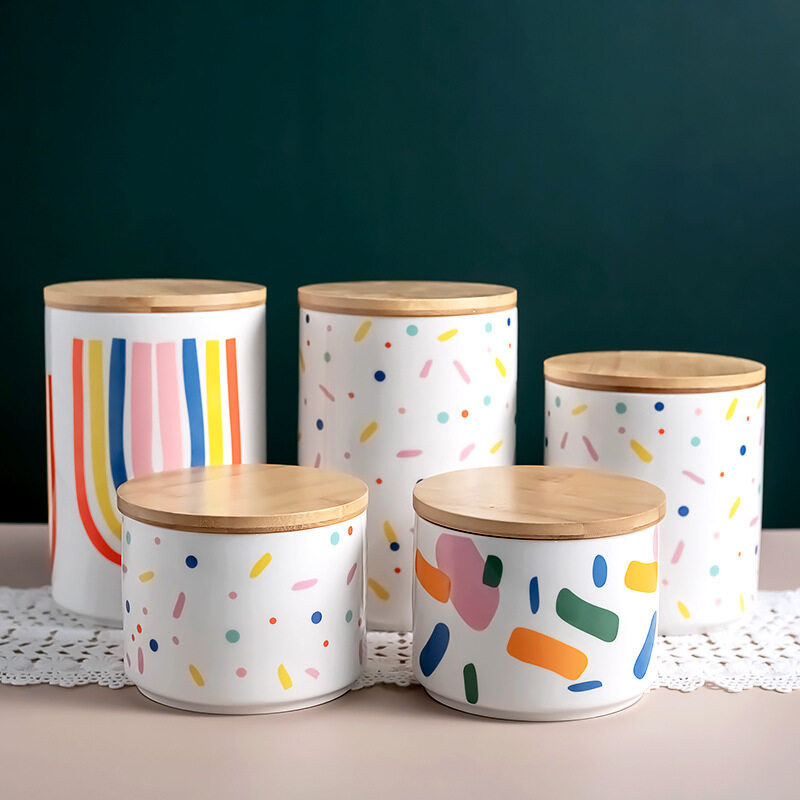 Bulk Ceramic Rainbow Spice Jars With Bamboo Lids For Kitchen