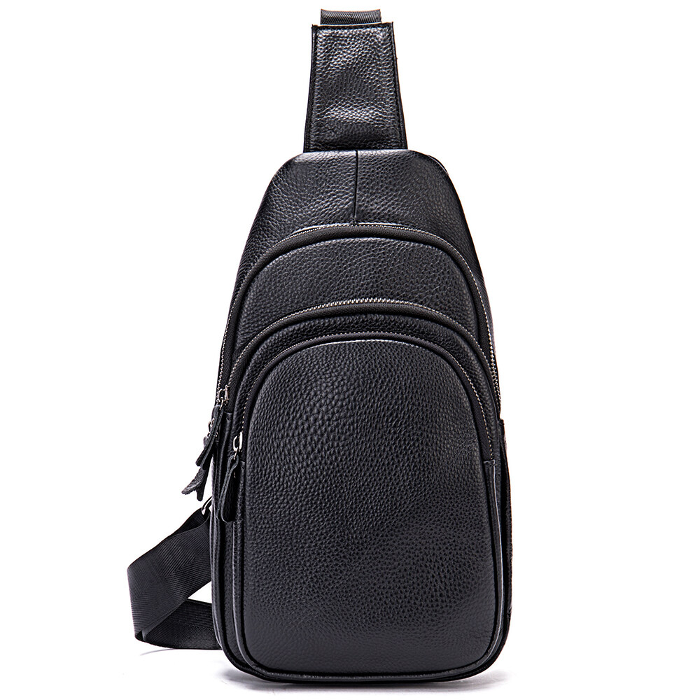 Men Cowhide Leather Waterproof Daypack Leather Sling Bag Shoulder Crossbody Bag Chest Bag For Men