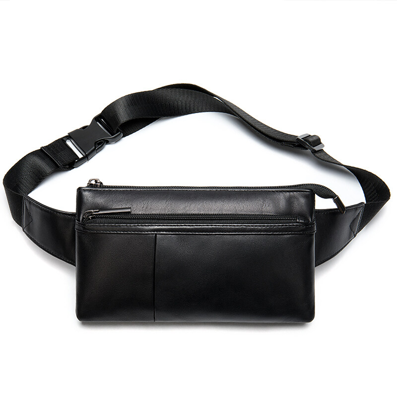 Wholesale Men Genuine Lambskin Leather Bum Bag Fashion Outdoor Sport Fanny Pack Fitness Hiking Belt Bag Black