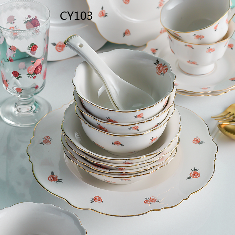 European Country Style Rose Pattern Dinner Set With Gold Rim