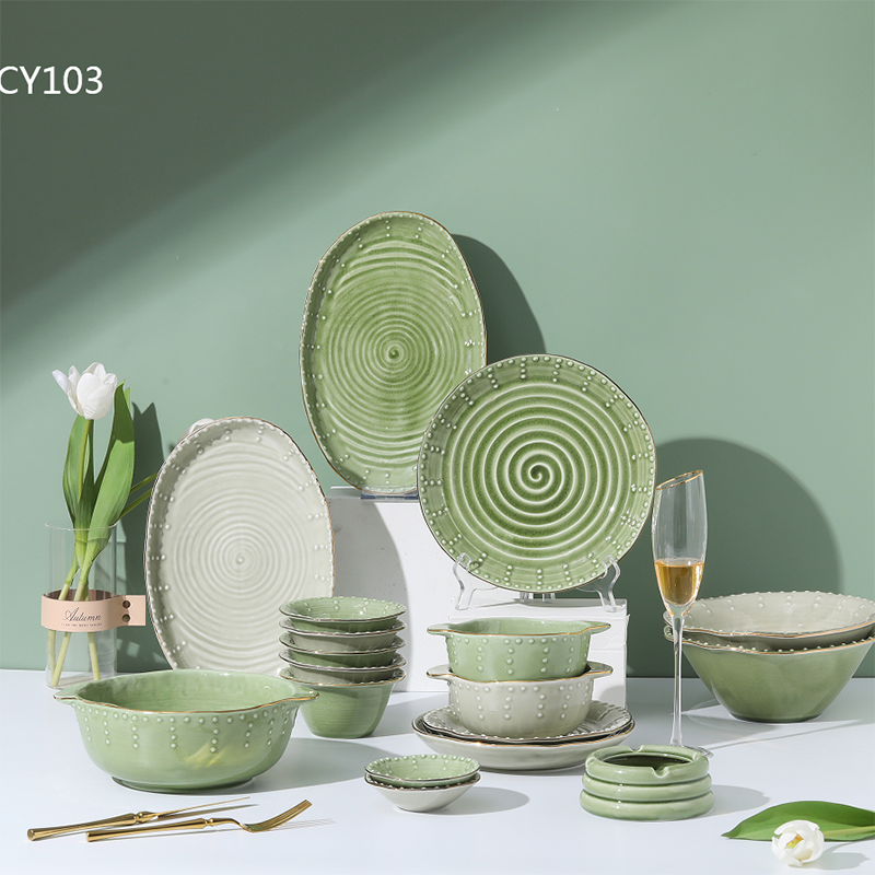 Stylish Green Dot Gold Rimmed Ceramic Dinnerware Sets