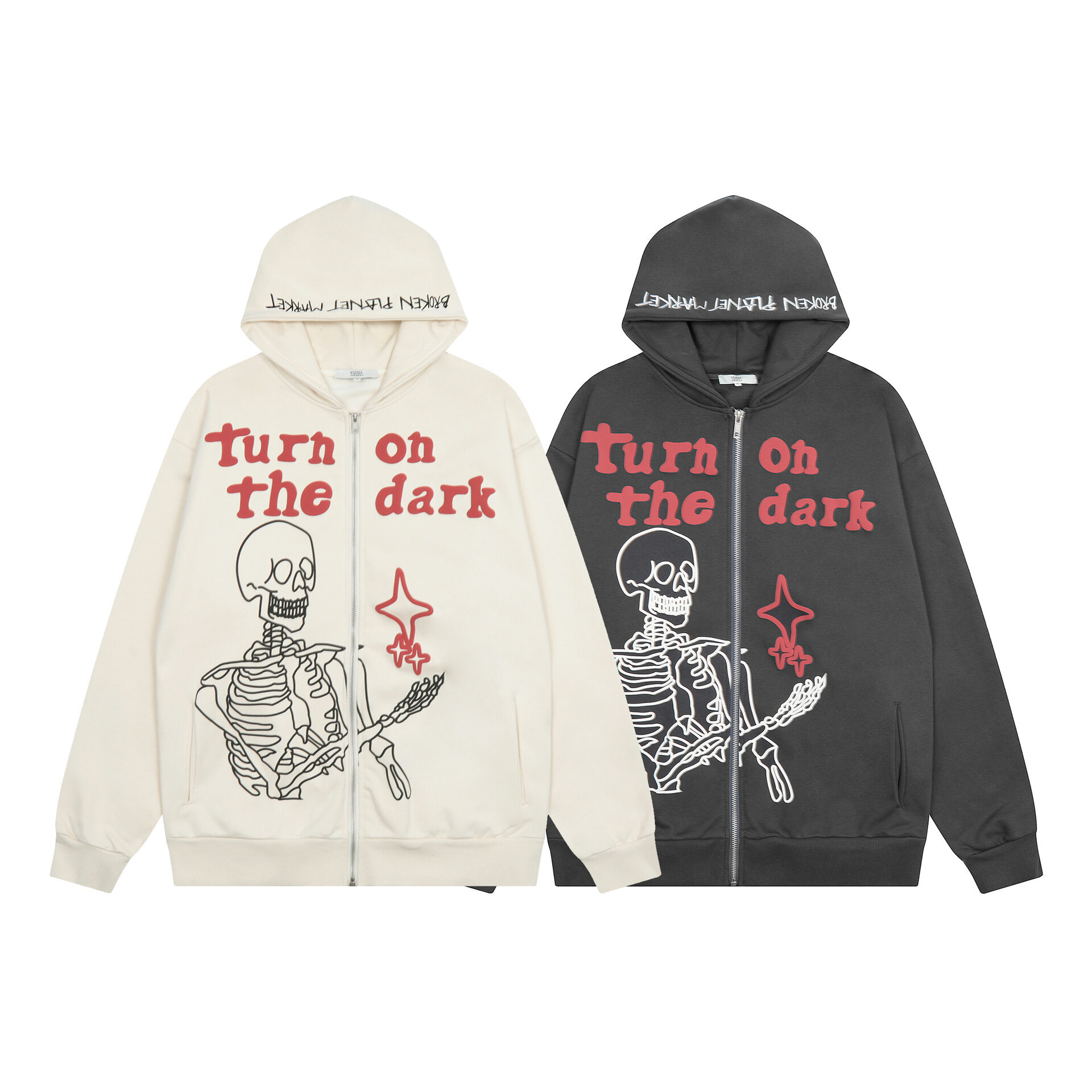 Can Be Customized Puff Printing Skeleton Design Zipper Hoodie