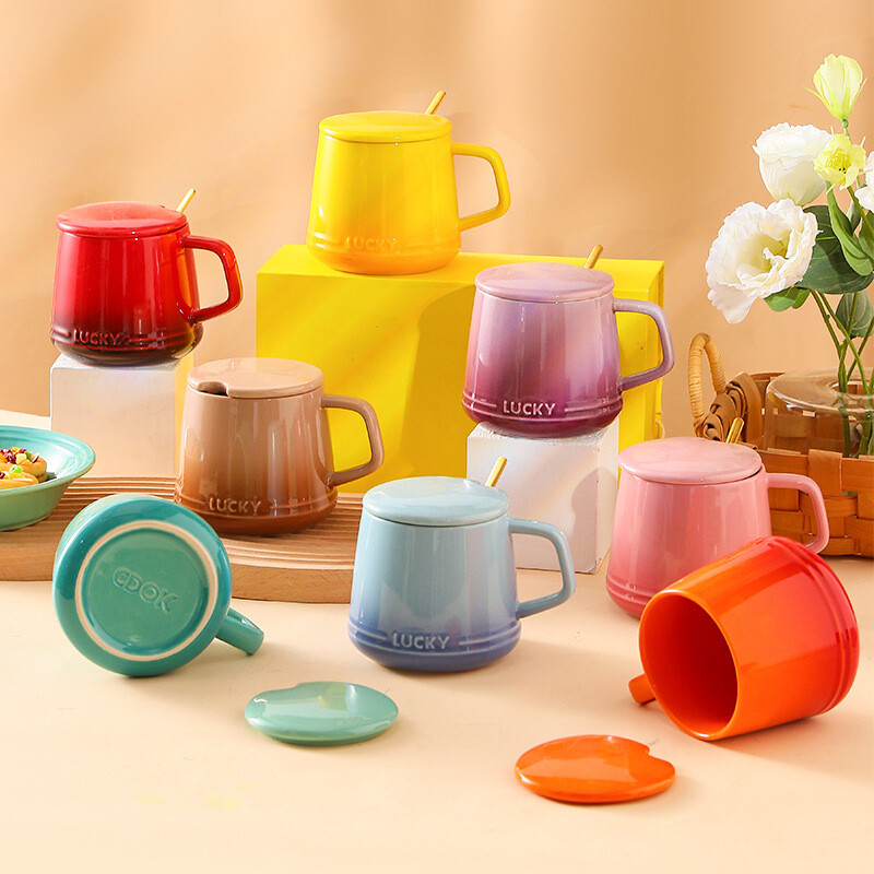 Custom Aesthetic Colorful Ceramic Coffee Mug With Spoon