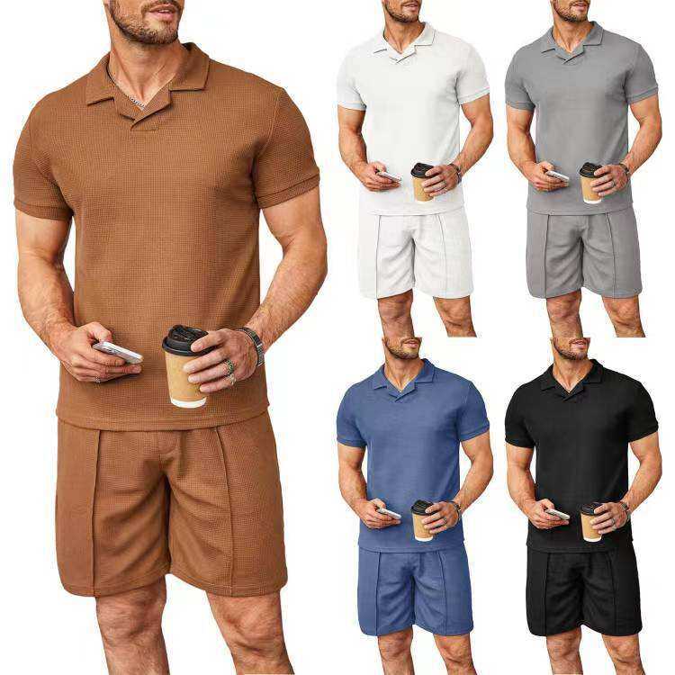 Summer V Neck Waffle 2 Piece Shorts And T-shirt Sets For Men