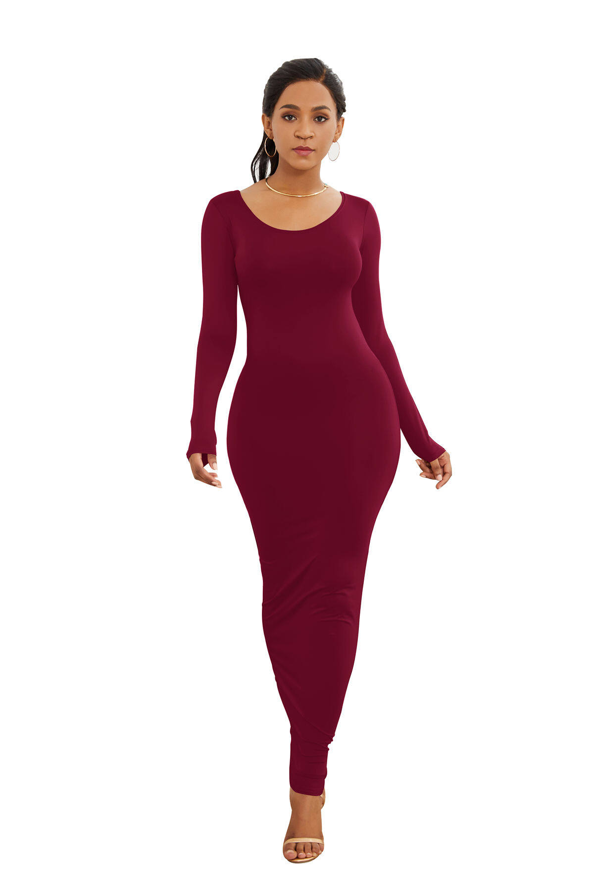 Women's Clothing Casual Cotton Fall Winter Solid Color Pencil Maxi Dress Long Sleeve Bodycon Elegant Ladies Long Party Dress