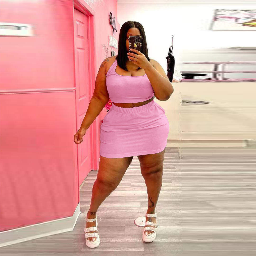 Summer Big Fat Custom Sleeveless Plus Size Women's Two Piece Mini Skirt Clothing Set
