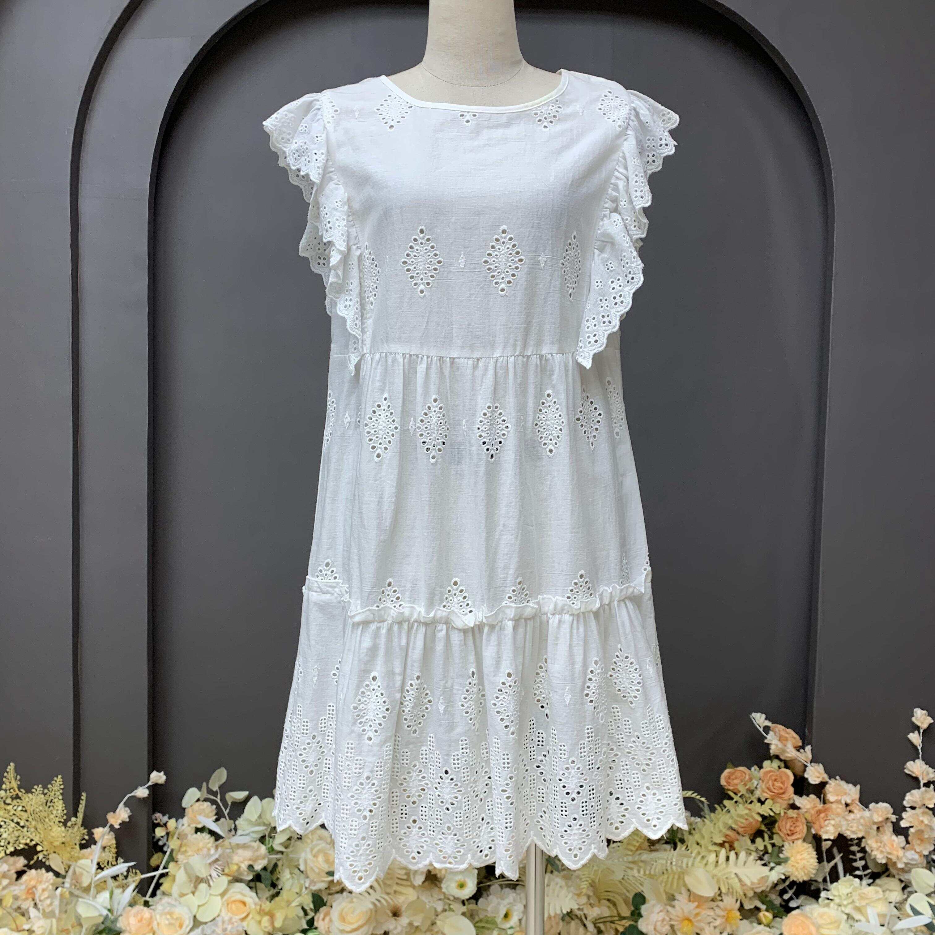 Eyelet embroidery ruffle detail casual dress