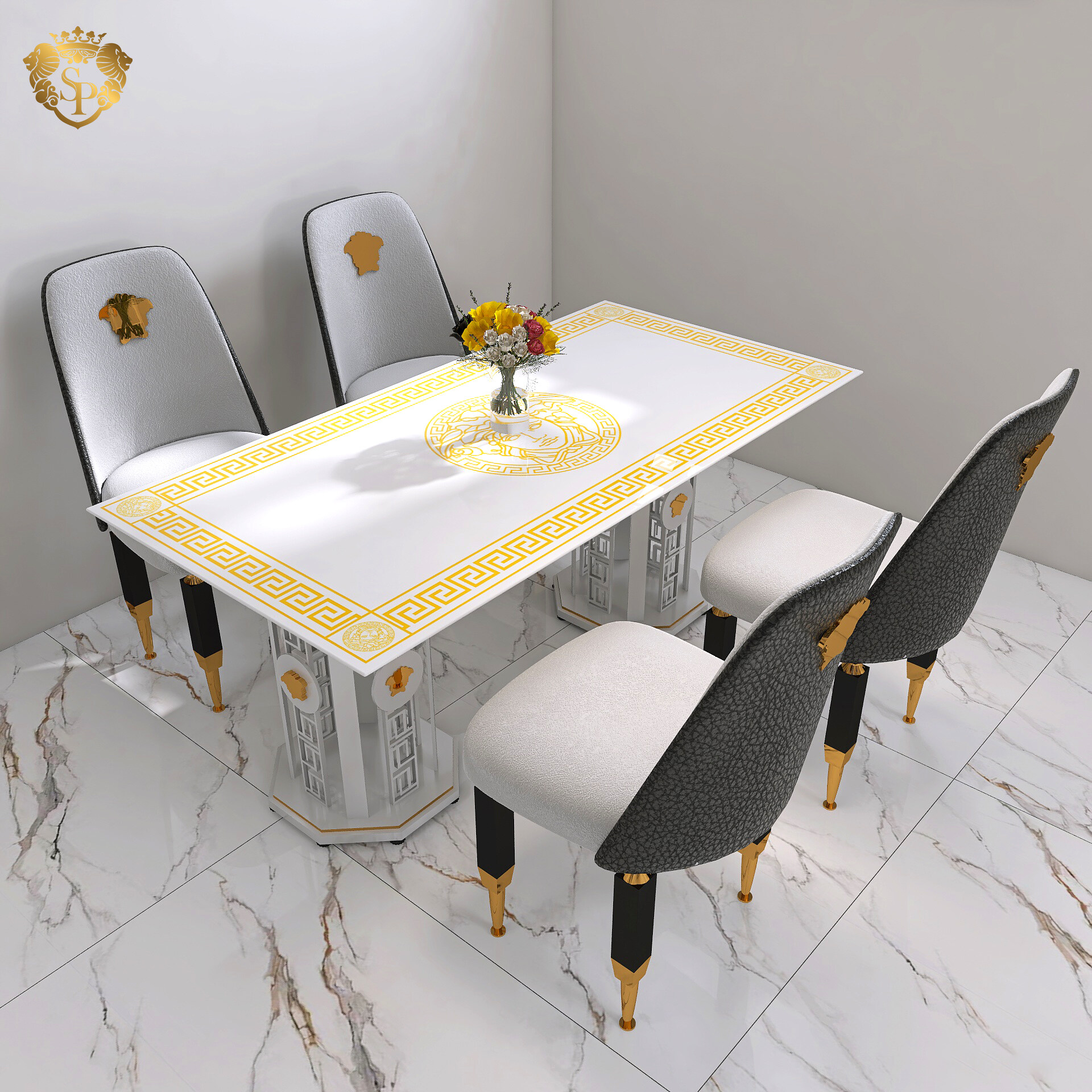 Platinum luxury marble rectangle 4 seater dining table and chairs set living spaces dining tables Springlegroup