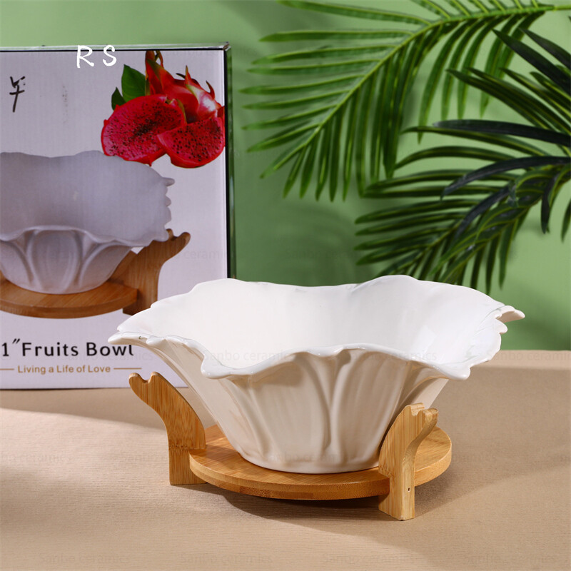 Large White Flower Snack Bowl With Wooden Tray For Parties