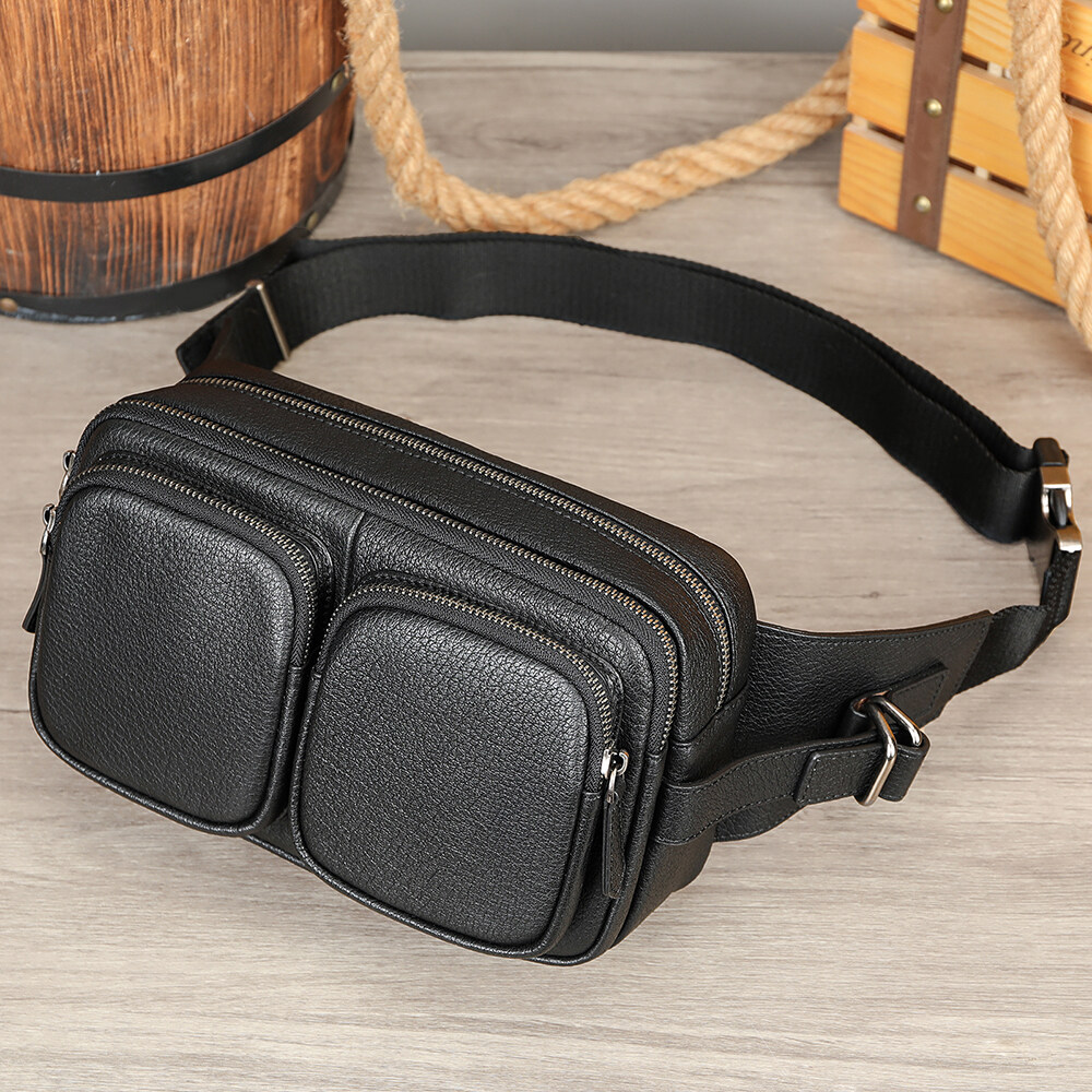 Multi-functional Genunie Leather Men's Chest Bag Multi-layer zipper Shoulder Bag Sling Bag