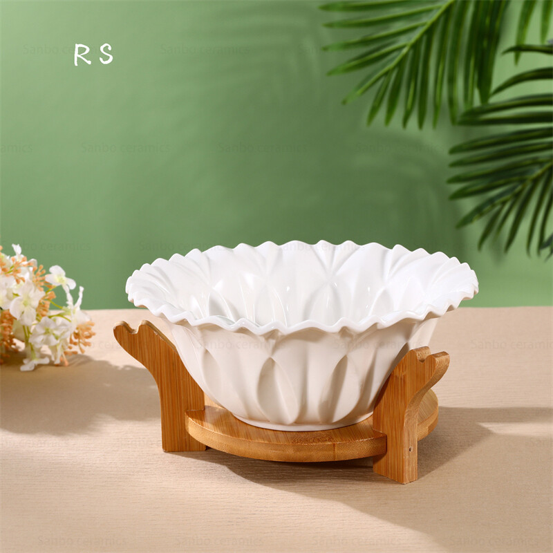 Unique White Ceramic Bowl With Wooden Stand For Fruit Snack