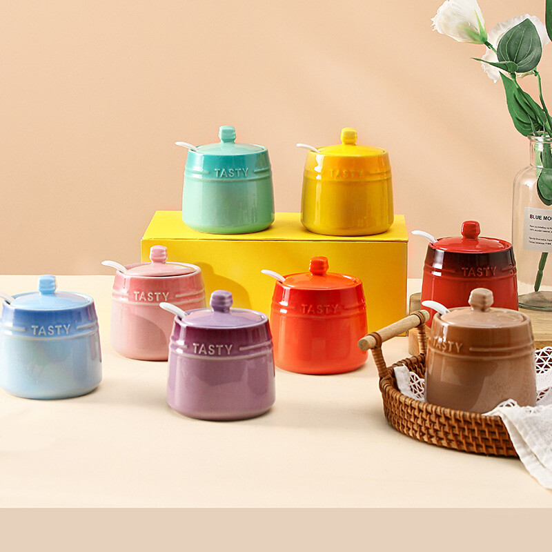 Wholesale Rainbow Ceramic Spice Jar with Lid and Spoon