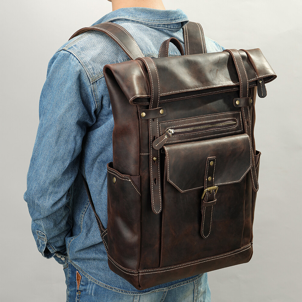 Retro Crazy Horse Leather Backpack Men's Leather Backpack Large Capacity 16 Inch Computer Bag Cowhide Travel Backpack