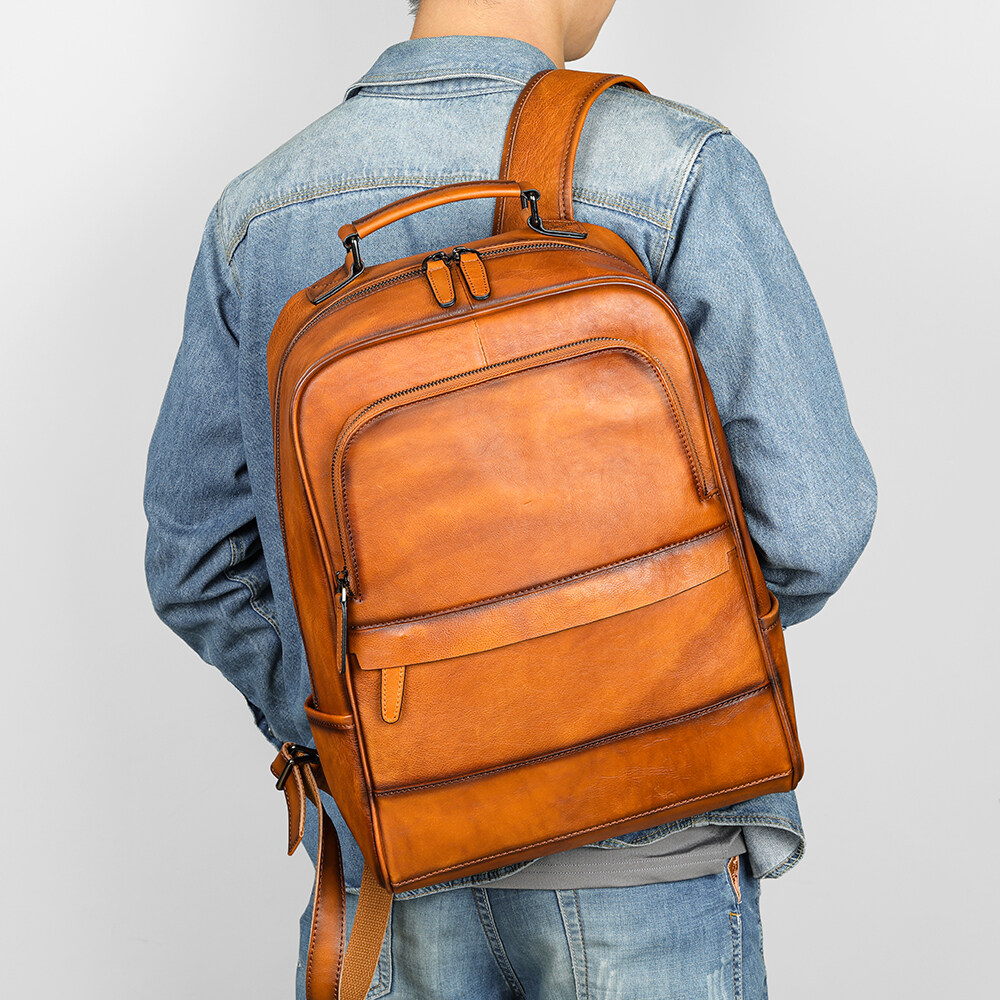 Retro Backpack Genuine Leather Men's Running Backpack Large Capacity Leather Travel Bag Men