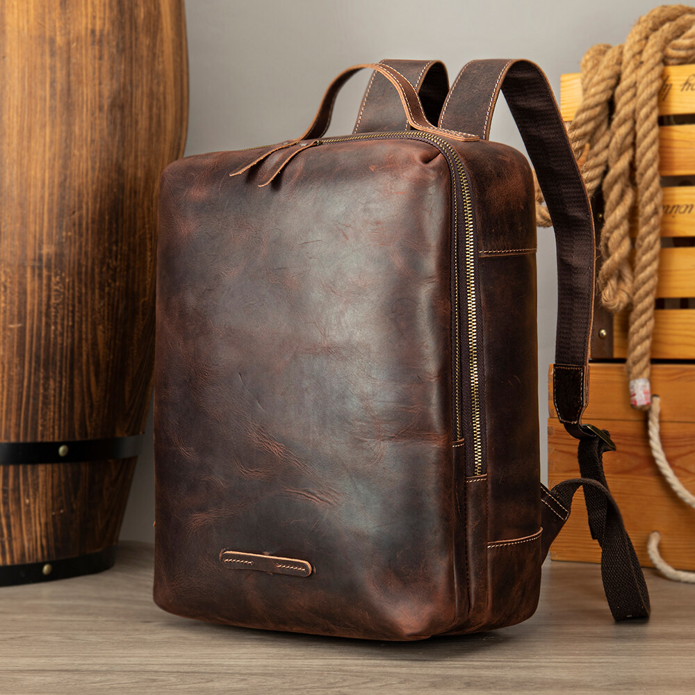 Men's Leather Backpack Casual Travel School Bag 14 Inch Computer Bag Men's Crazy Horse Leather Backpack