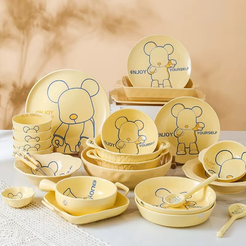 Custom Cute Cartoon Bear Pattern Cream Stoneware Dishes