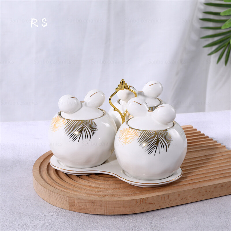 Gold Rim White Ceramic Storage Canisters with Stand
