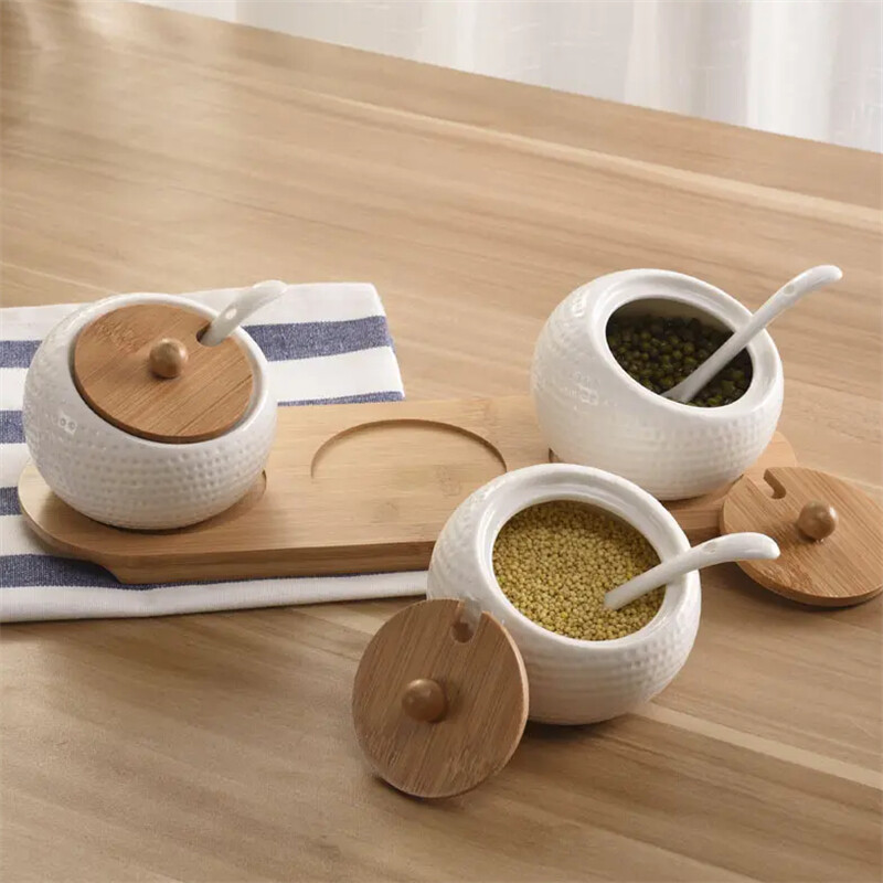 White Ceramic Kitchen Spice Jars With Bamboo Tray