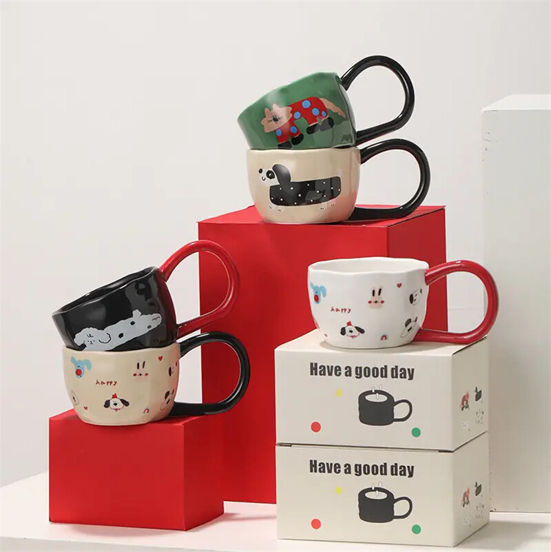 Black/White Cartoon Ceramic Coffee Mug Set with Gift Box