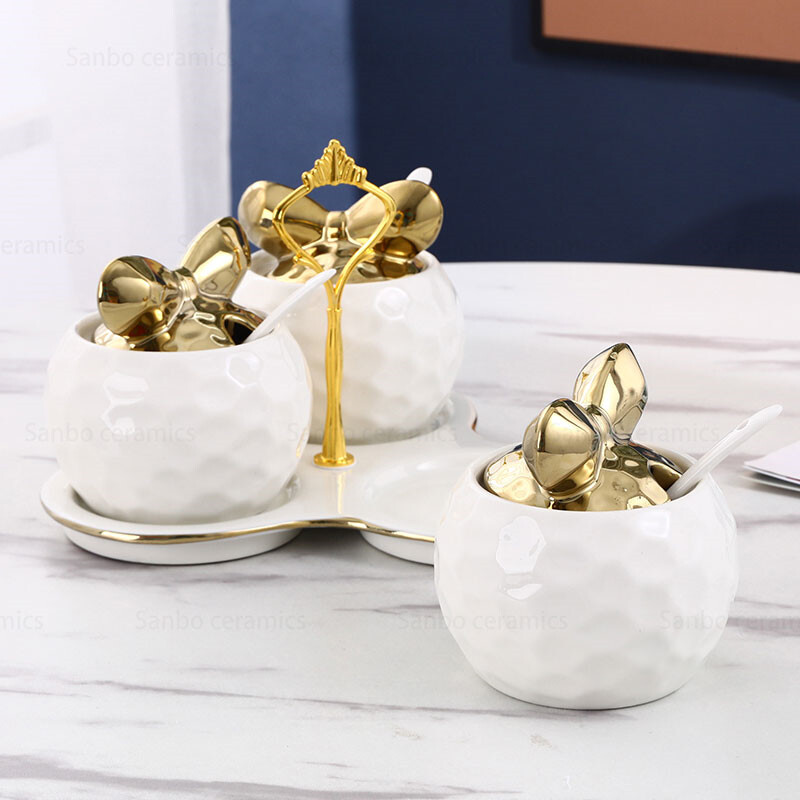 Modern White Ceramic Kitchen Canisters with Gold Lid