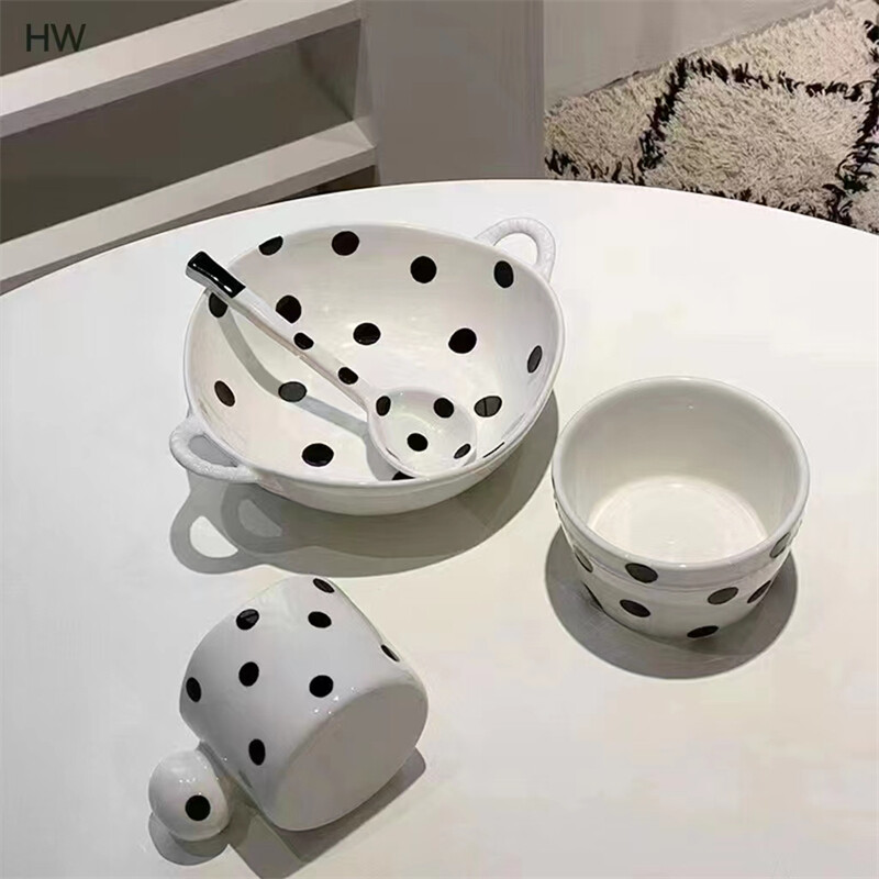 4 Piece Black Polka Dot White Dinnerware Set For One