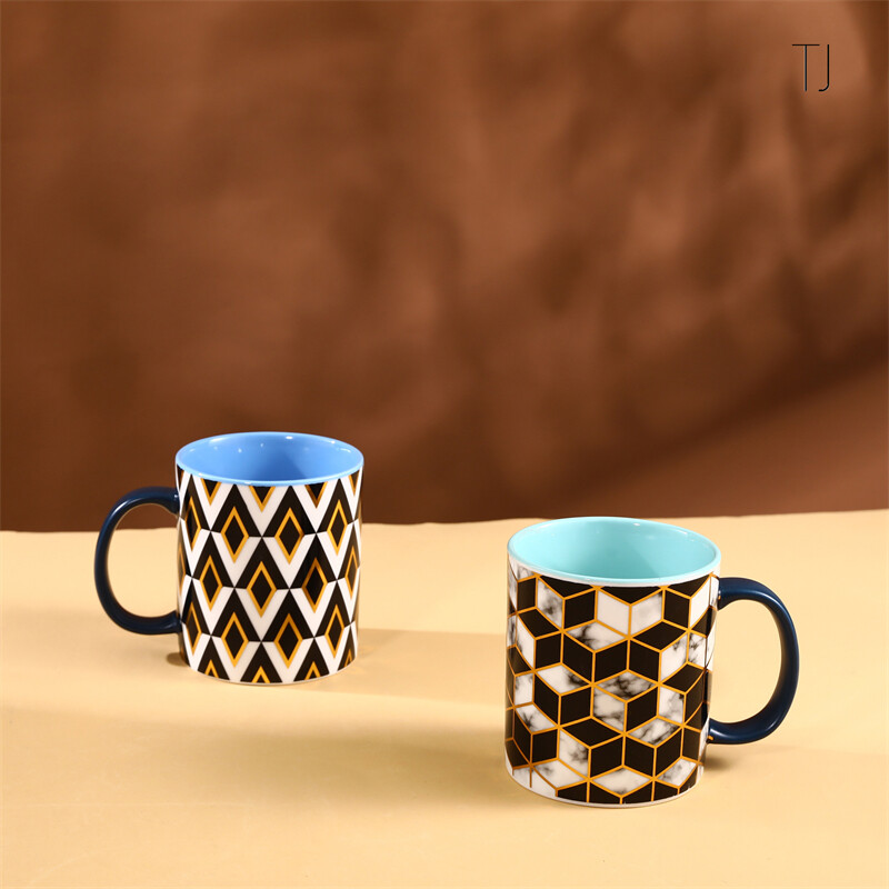 Custom Modern Grid Figure Ceramic Pottery Coffee Mugs