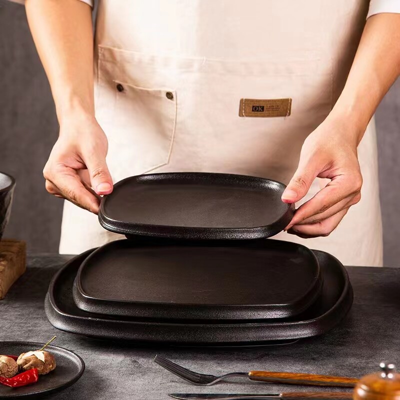 black stoneware dish set,matte black dishes set,unique plates and bowls