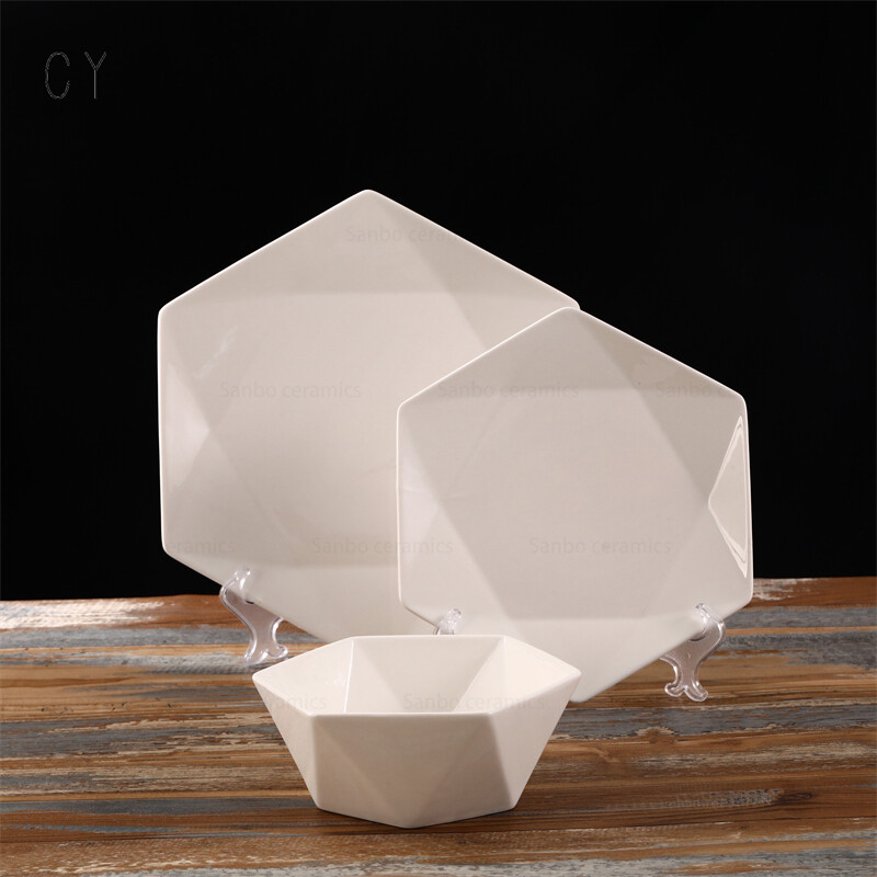 Bulk Beautiful White Hexagon Porcelain Dinnerware Set