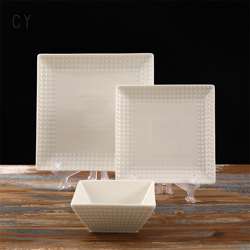 3 PCS Modern White Relief Square Porcelain Dinnerware Set