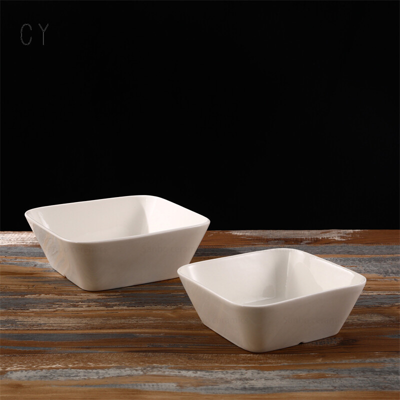 White Square Ceramic Serving Bowls with Round Edge