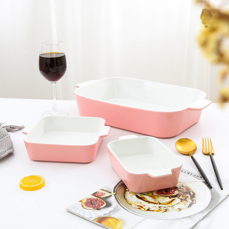 Pink Ceramic Rectangular Baking Dish Set for Cooking