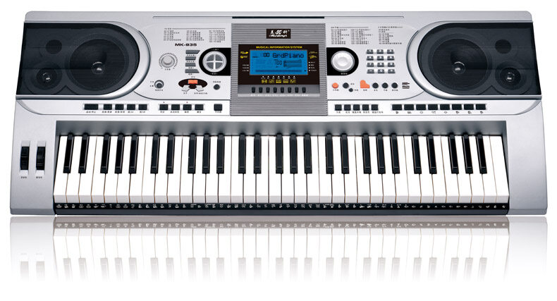 61 key professional playing electronic organ with blue backlight LCD display, with keyboard, staff, and other displays