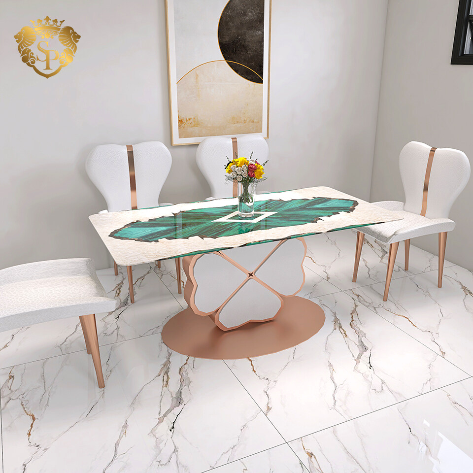 Diseño de mármol moderno italiano de cuatro hojas Clover mesa de comedor rectangular juegos de comedor de 6 sillas muebles de mesa lujo