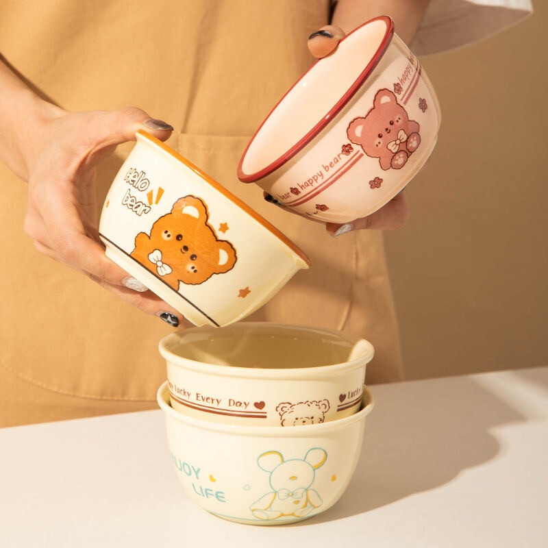 OEM Cute Cartoon Bear Pattern Large Ceramic Cereal Bowls