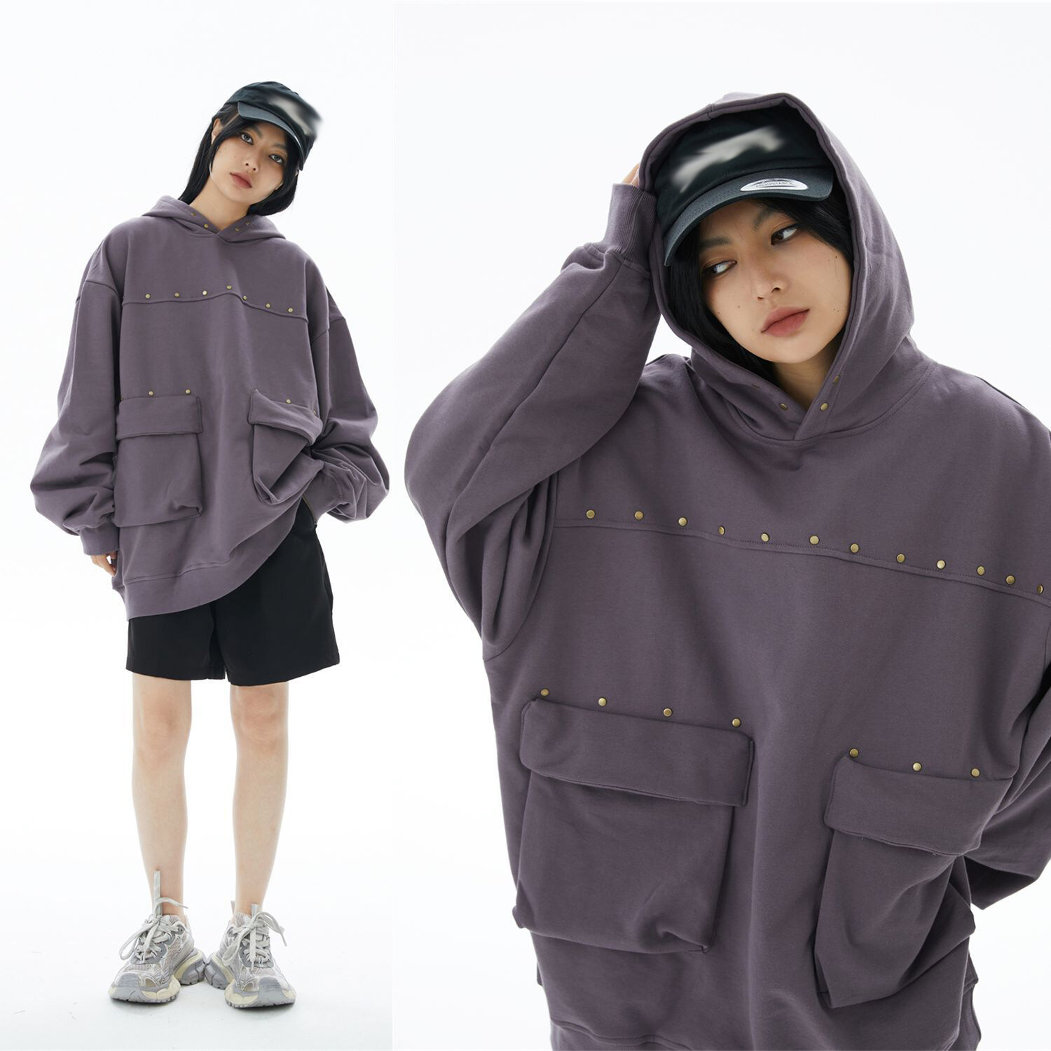 Rivet Design Double Pockets Unisex Hoodie