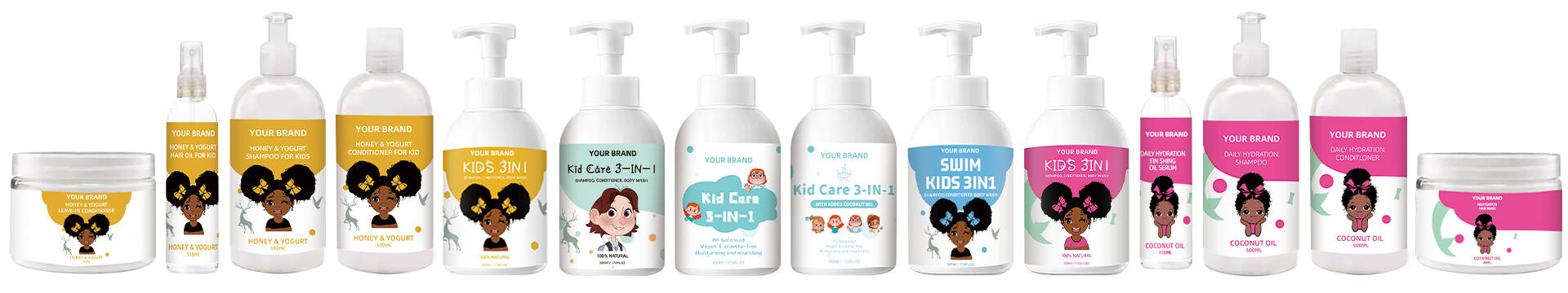 YOUR LOGO Kids Hair Care & Body Care Set 2 in 1 Shampoo Deep Conditioner Nourishing Hair Mask Moisturizing Lotion,Kids Hydrating Detangling Spray Hydrating Moisturizing Spray Hypoallergenic & Natural Hair Conditioning Spray for Kids Coconut,YOUR LOGO Natural Baby Hair Products Kids Leave-in Conditioner With Coconut Oil Smoothing Hair,YOUR LOGO Vegan Kids Hair Wash Set Honey Yogurt Gently Cleanses Kids Curly Hair,YOUR LOGO Kids Mousse shampoo, conditioner and body wash