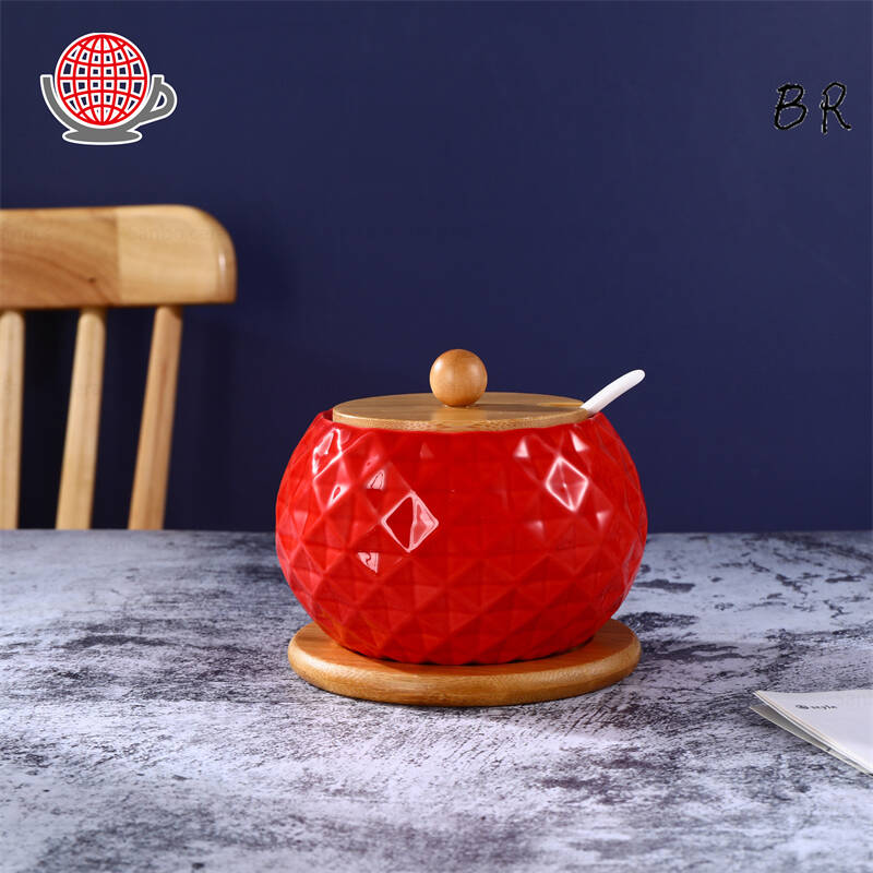 Custom Red Ceramic Spice Canister with Wood Lid for Kitchen