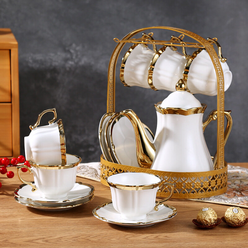 Custom Luxury Gold/Silver Ceramic Tea Pot Set with Basket