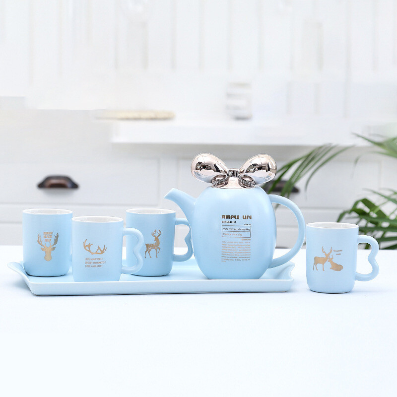 Modern Matte Porcelain Tea Cup Set with Kettle and Tray