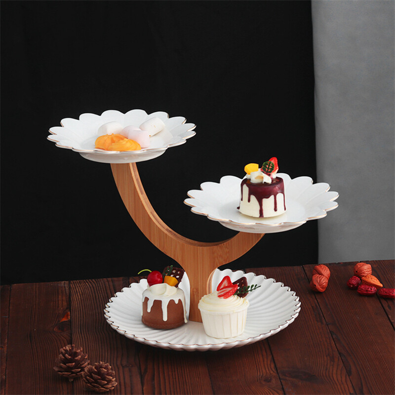 White Afternoon Tea Cake Plate with Wooden Stand Bulk