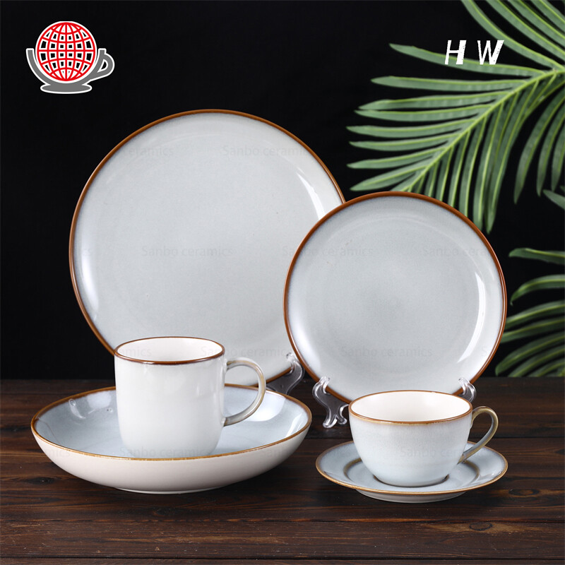 High Quality Brown Rimmed Round Ceramic Plates and Cups