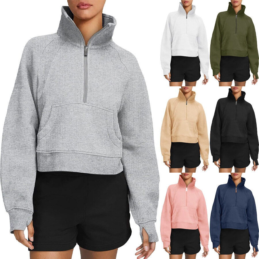 Fleece Sweater Half Zip Loose Fit High Collar Pocketed Warm Sweatshirt