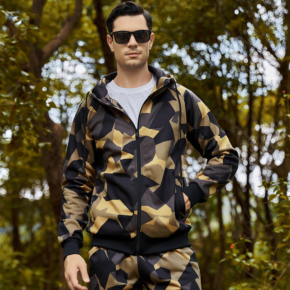 Plus Size Youth Camouflage Sweater with Drawstring Men's Zipper Hooded Jacket