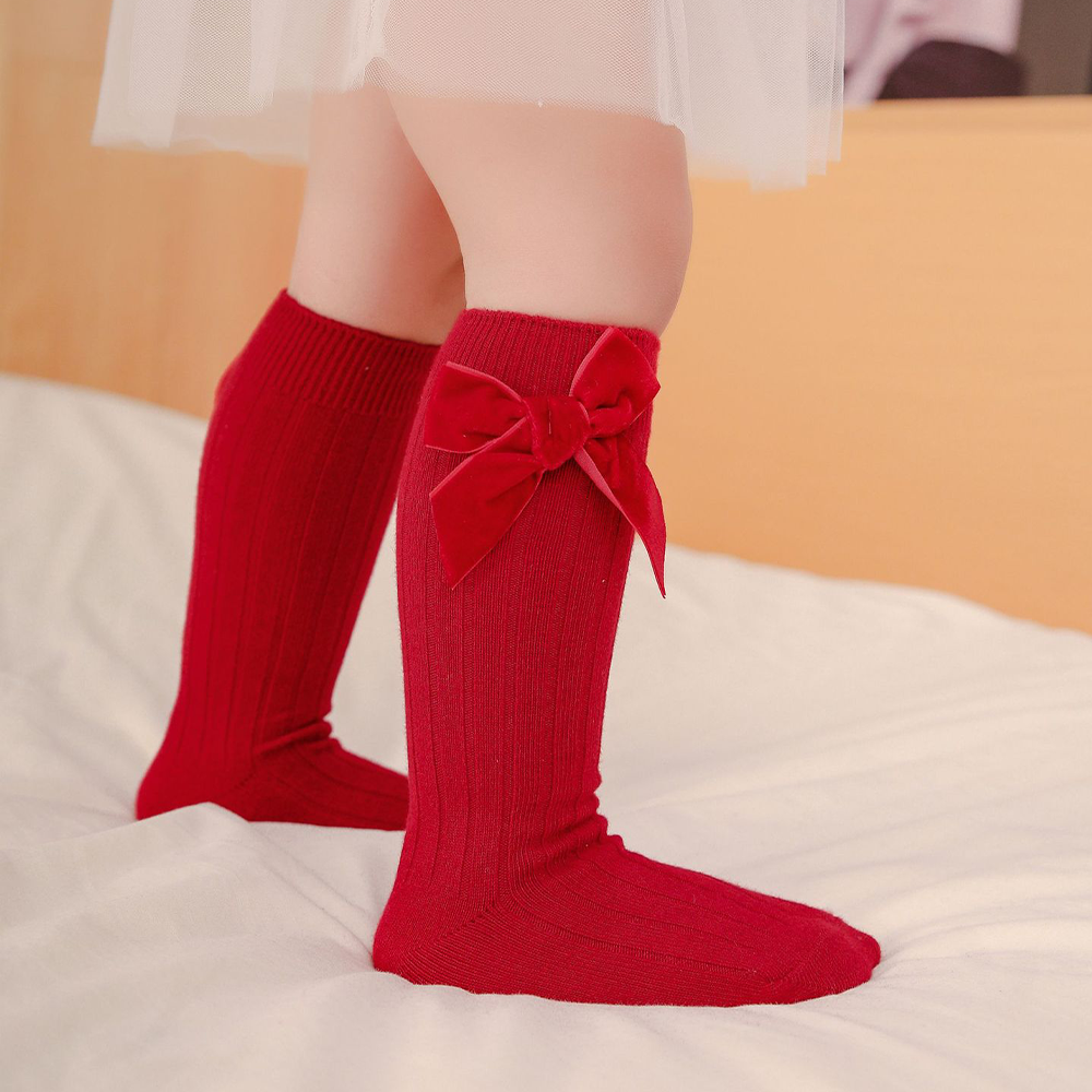 New bow baby socks, customized high-quality cute solid color children's infant mid-calf breathable and non-slip