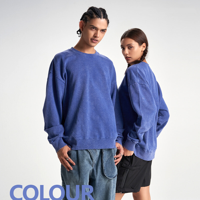 380g Acid Washed Round Neck Heavy Loose Solid Color Unisex Sweatshirt